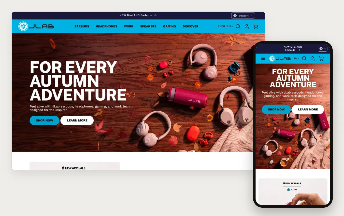 Laptop and phone views of the JLab Shopify homepage, 19 October 2026