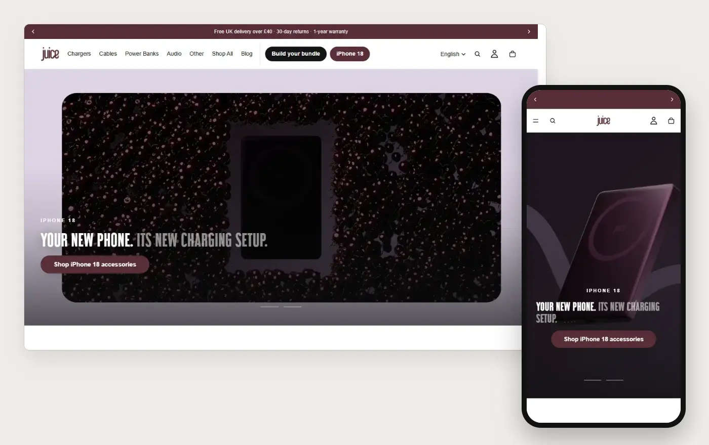 Laptop and phone views of the Juice Shopify homepage, 19 October 2026