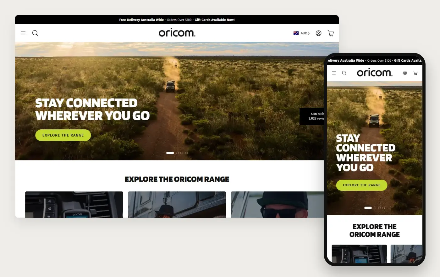 Laptop and phone views of the Oricom Shopify homepage, 19 October 2026