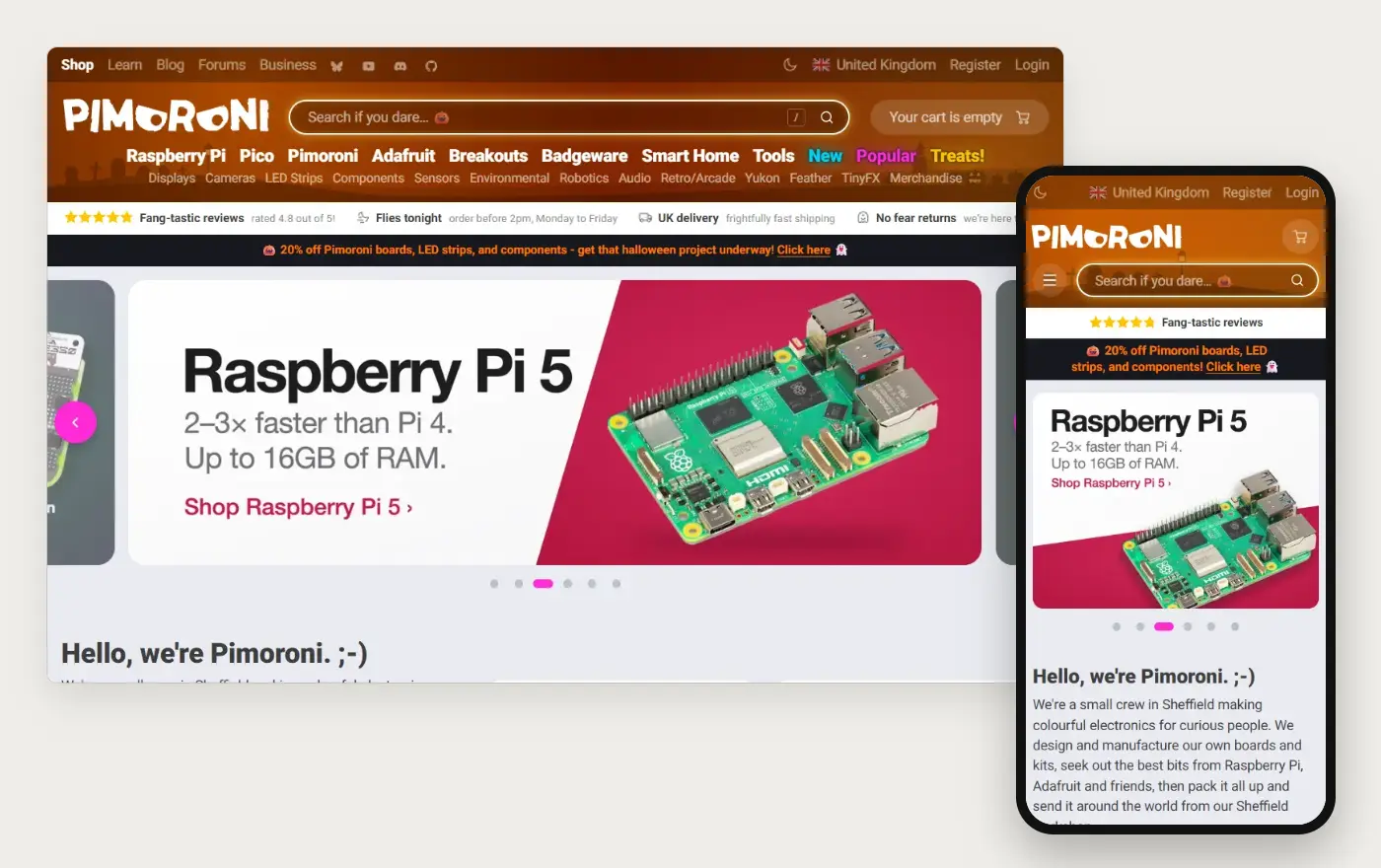 Laptop and phone views of the Pimoroni Shopify homepage, 19 October 2026