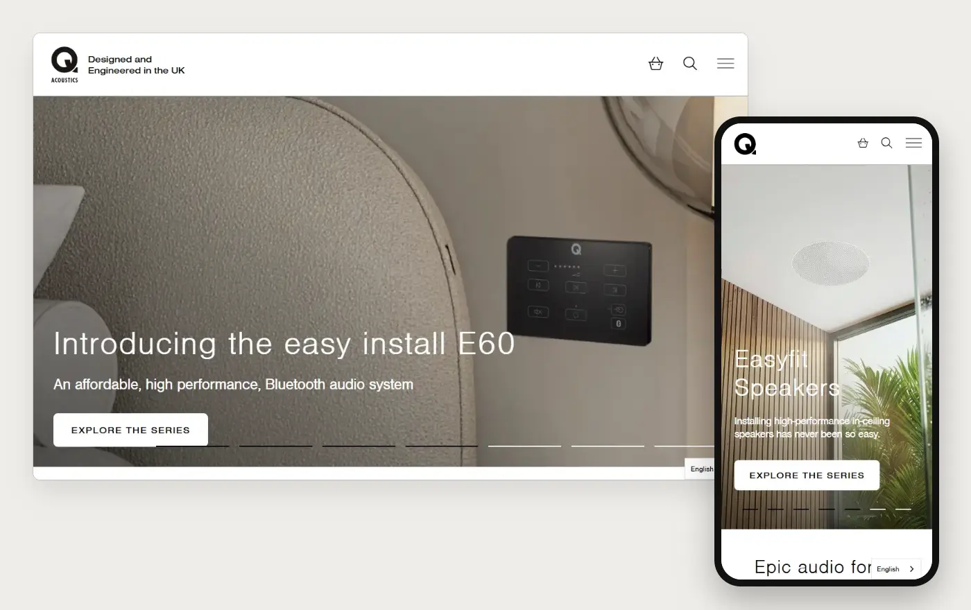 Laptop and phone views of the Q Acoustics Shopify homepage, 19 October 2026