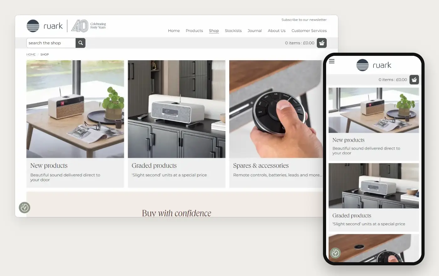 Laptop and phone views of the Ruark Audio Shopify homepage, 19 October 2026