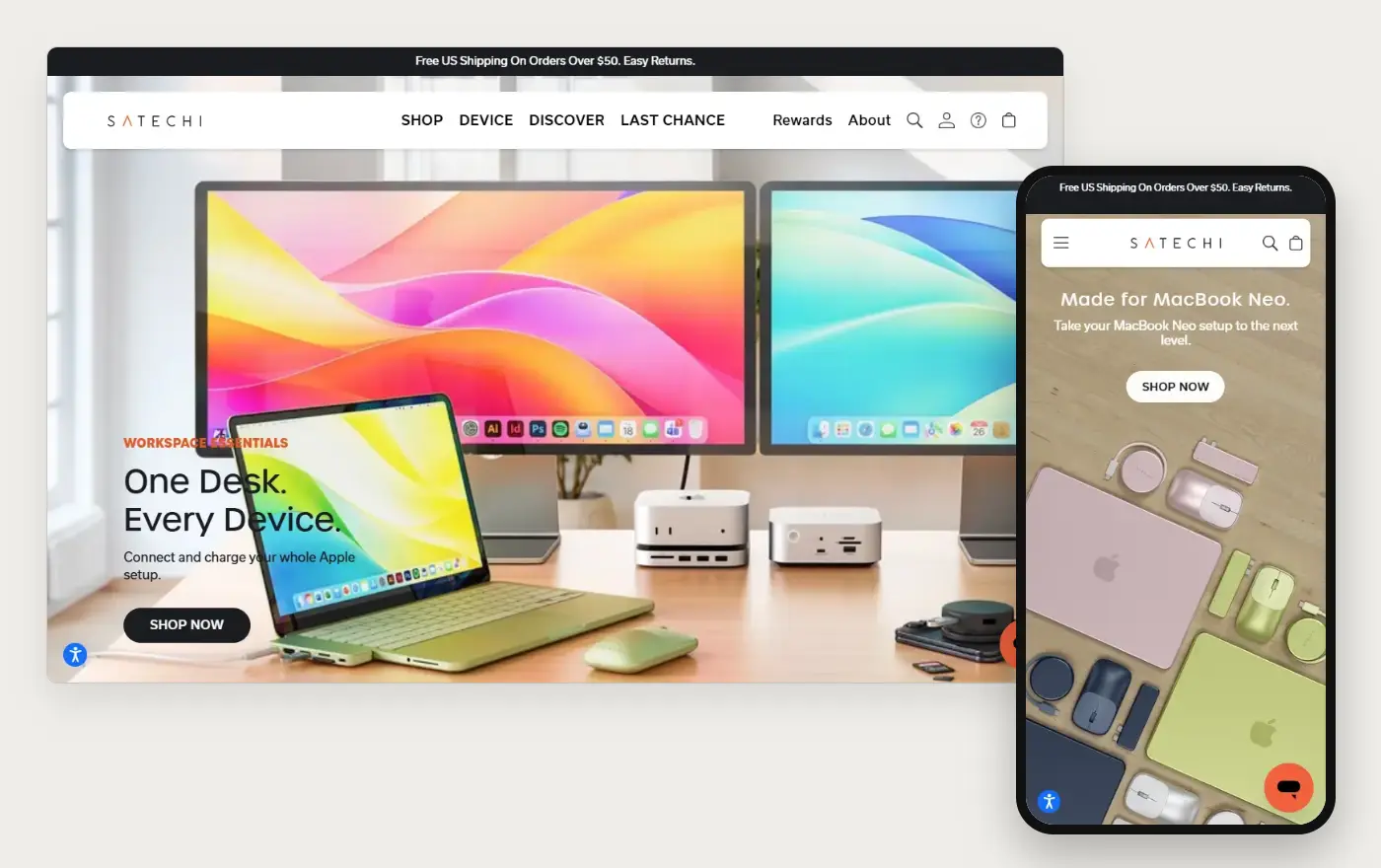 Laptop and phone views of the Satechi Shopify homepage, 19 October 2026