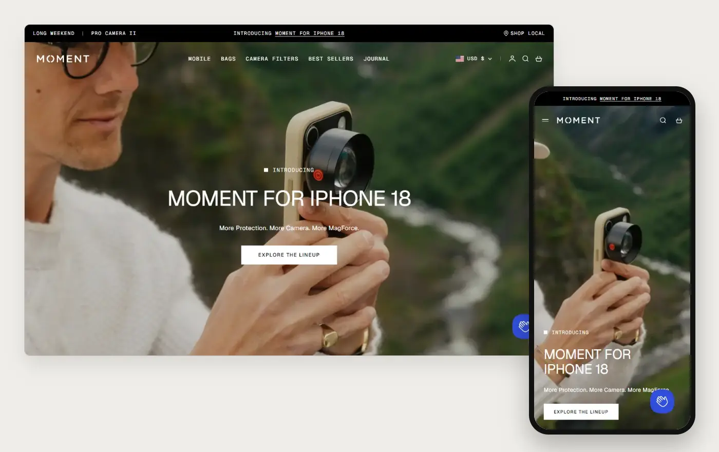 Laptop and phone views of the Moment Shopify homepage, 19 October 2026