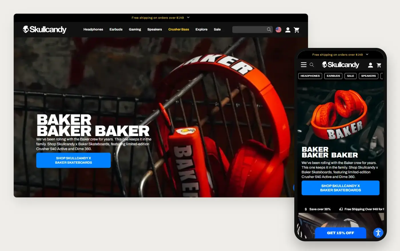 Laptop and phone views of the Skullcandy Shopify homepage, 19 October 2026