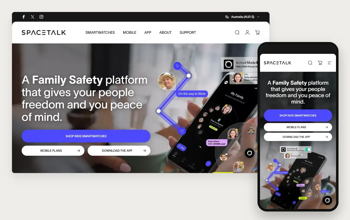 Laptop and phone views of the Spacetalk Shopify homepage, 19 October 2026