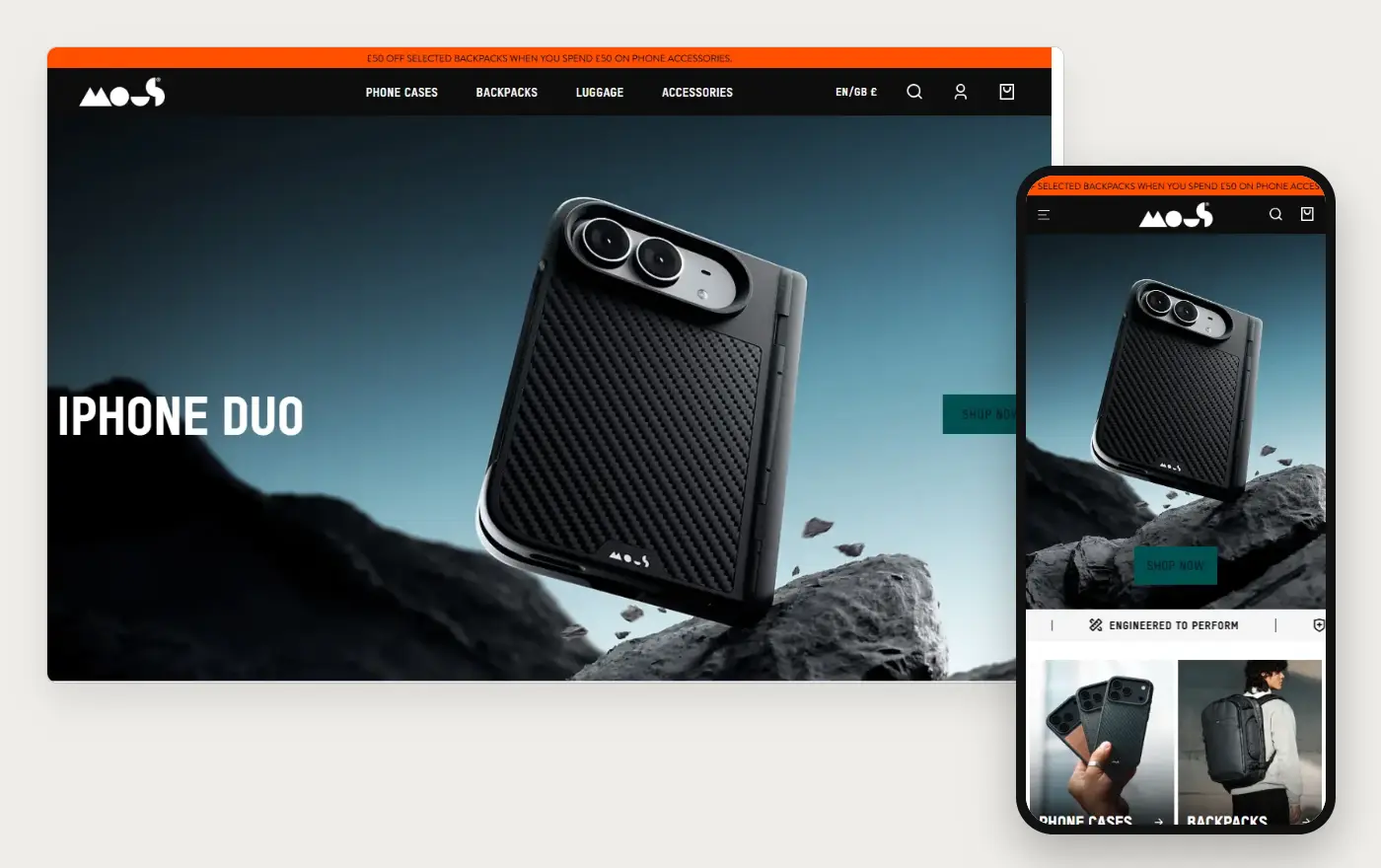 Laptop and phone views of the Mous Shopify homepage, 19 October 2026