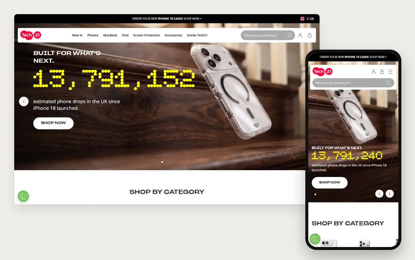 Laptop and phone views of the Tech21 Shopify homepage, 19 October 2026