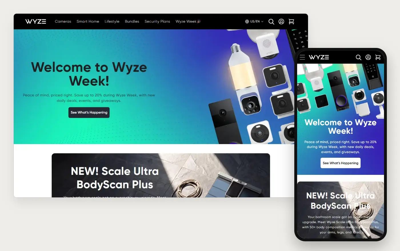 Laptop and phone views of the Wyze Shopify homepage, 19 October 2026