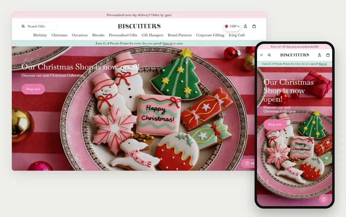 Biscuiteers' Shopify store homepage on desktop and mobile, captured on 11 October 2026