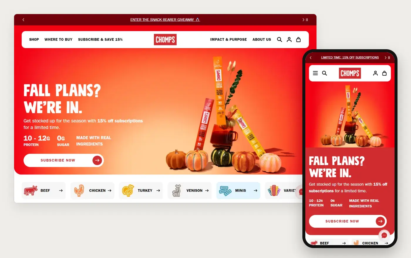Chomps' Shopify store homepage on desktop and mobile, captured on 11 October 2026