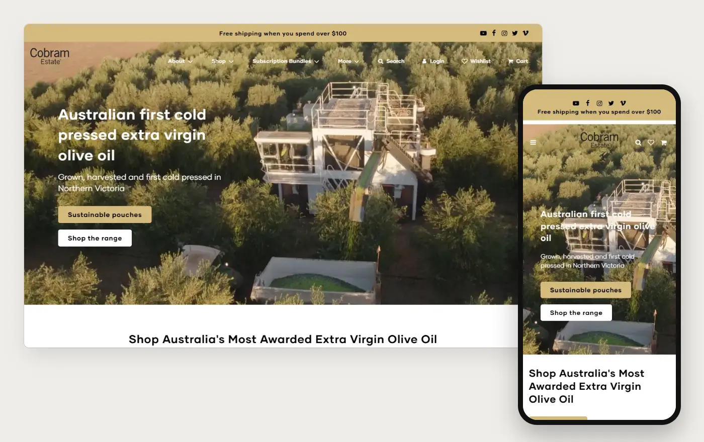 Cobram Estate's Shopify store homepage on desktop and mobile, captured on 11 October 2026
