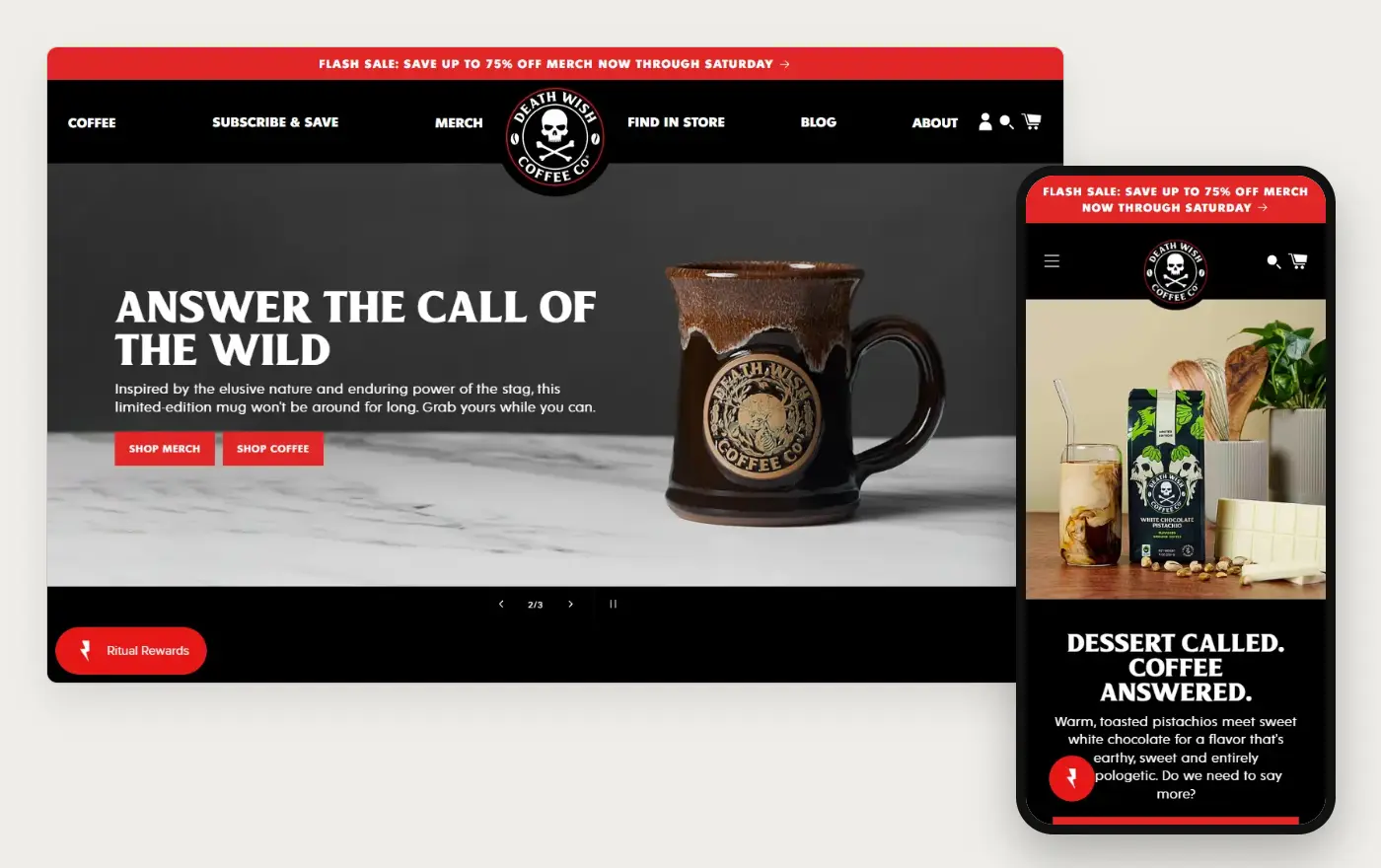 Death Wish Coffee's Shopify store homepage on desktop and mobile, captured on 11 October 2026