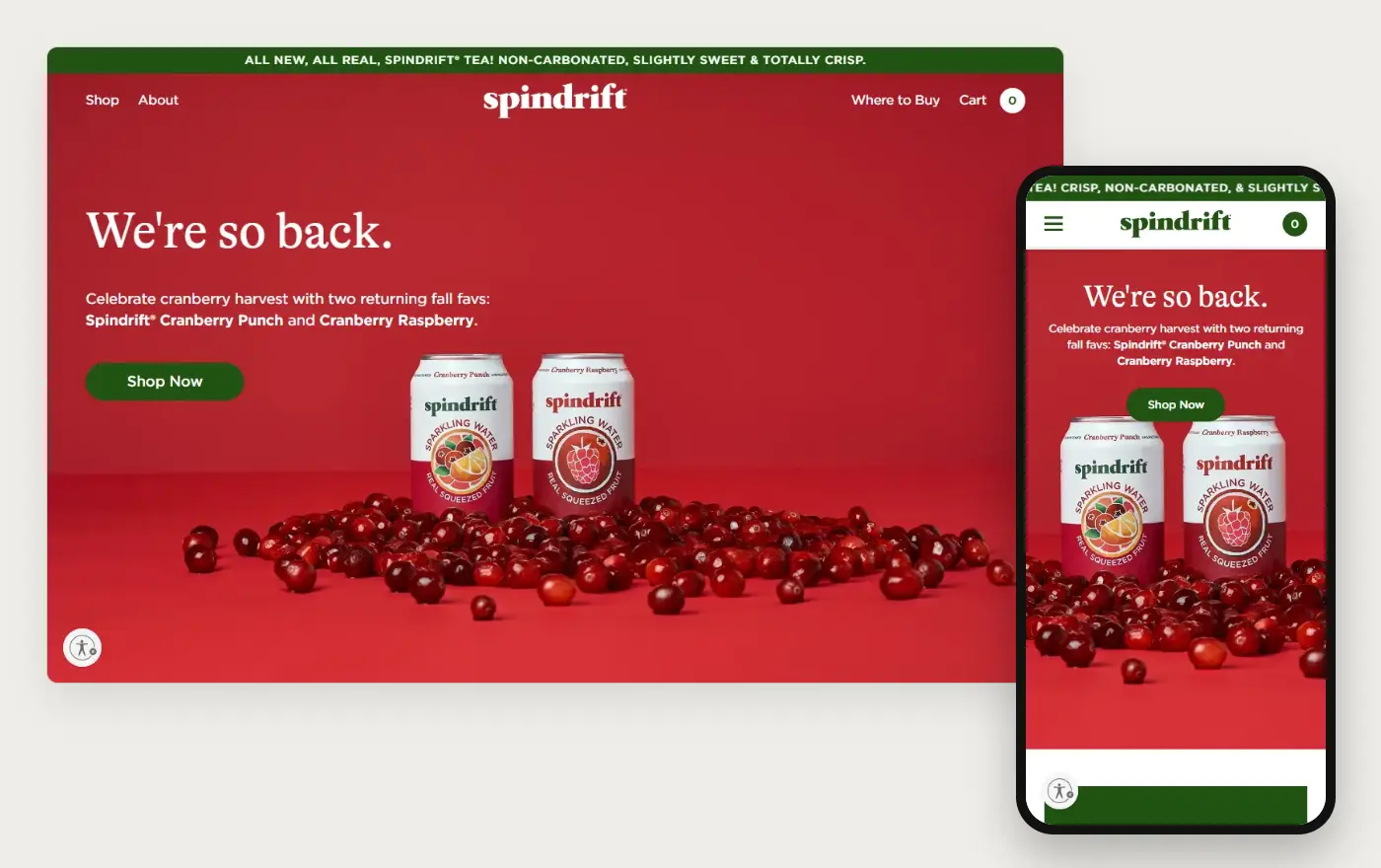 Spindrift's Shopify store homepage on desktop and mobile, captured on 11 October 2026