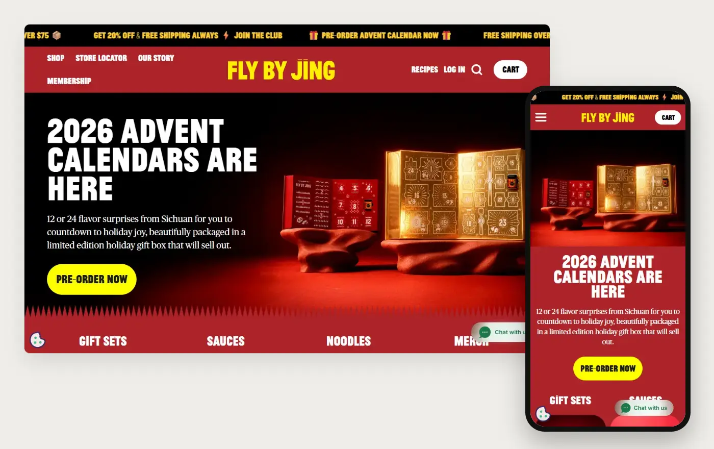 Fly By Jing's Shopify store homepage on desktop and mobile, captured on 11 October 2026
