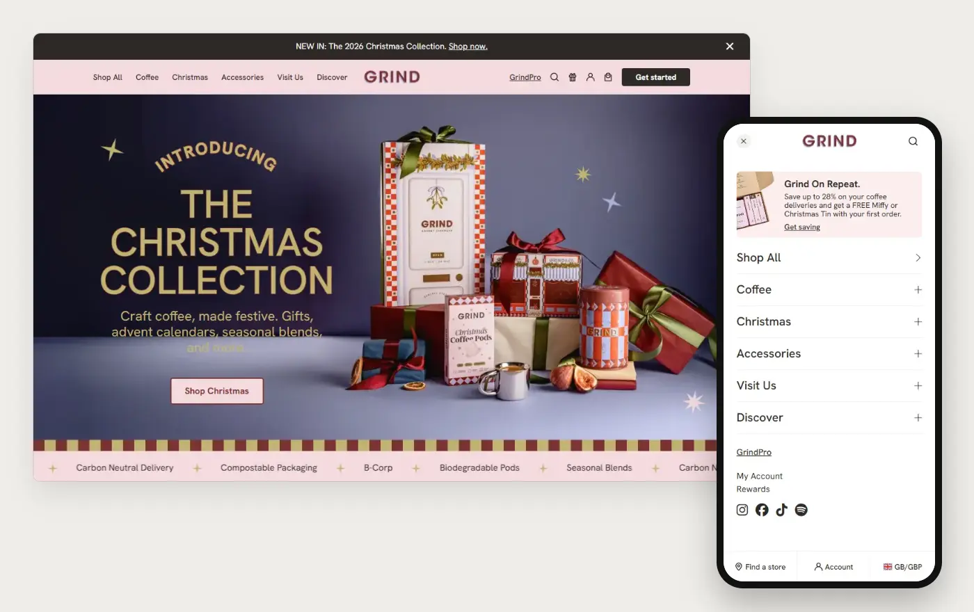 Grind's Shopify store homepage on desktop and mobile, captured on 11 October 2026