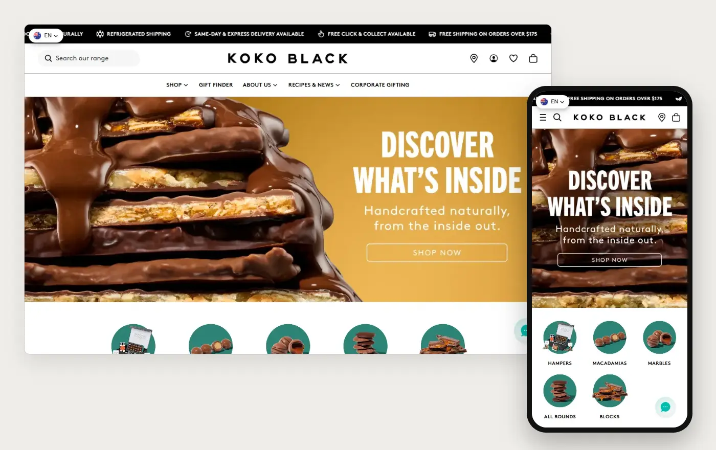 Koko Black's Shopify store homepage on desktop and mobile, captured on 11 October 2026