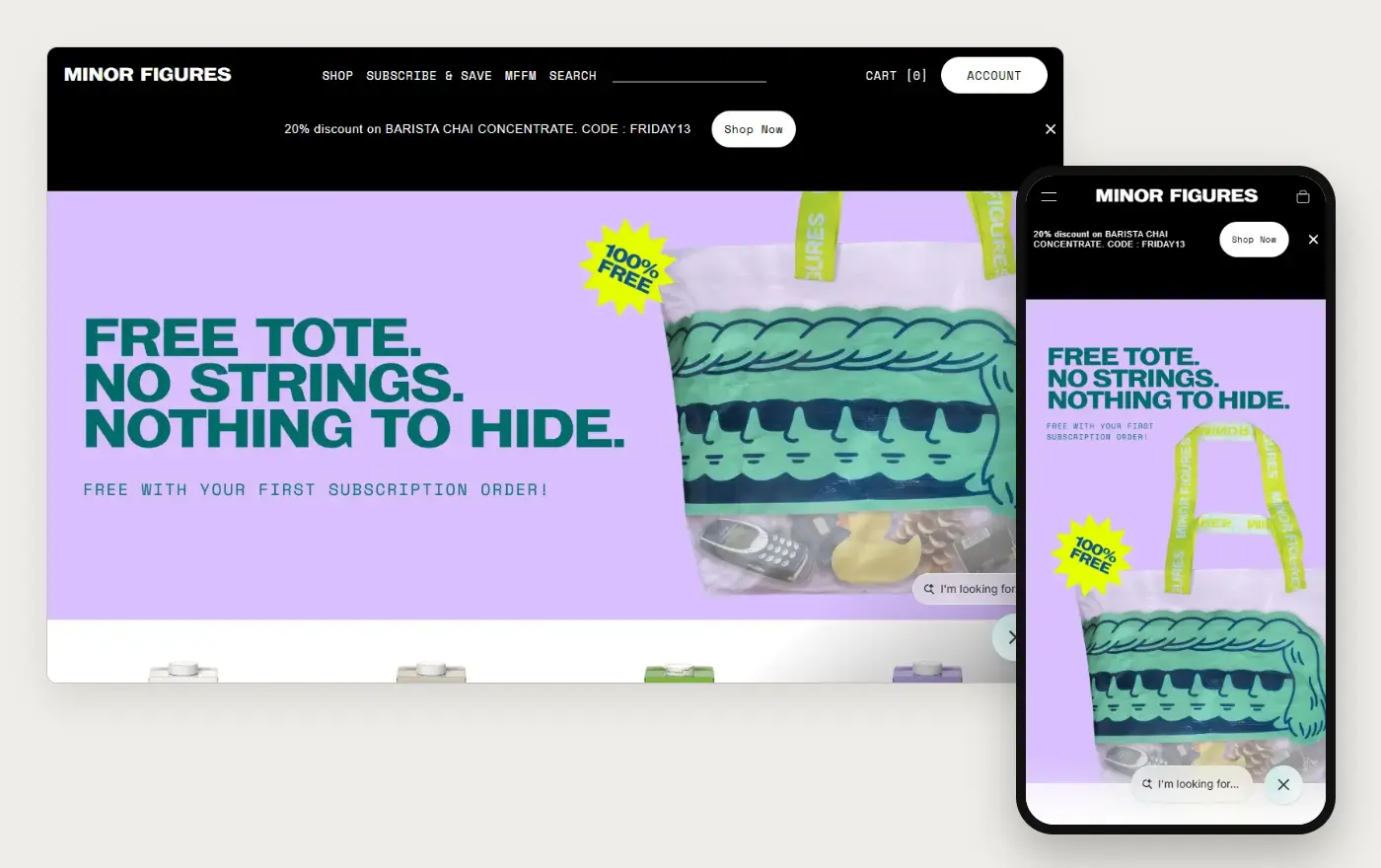 Minor Figures' Shopify store homepage on desktop and mobile, captured on 11 October 2026