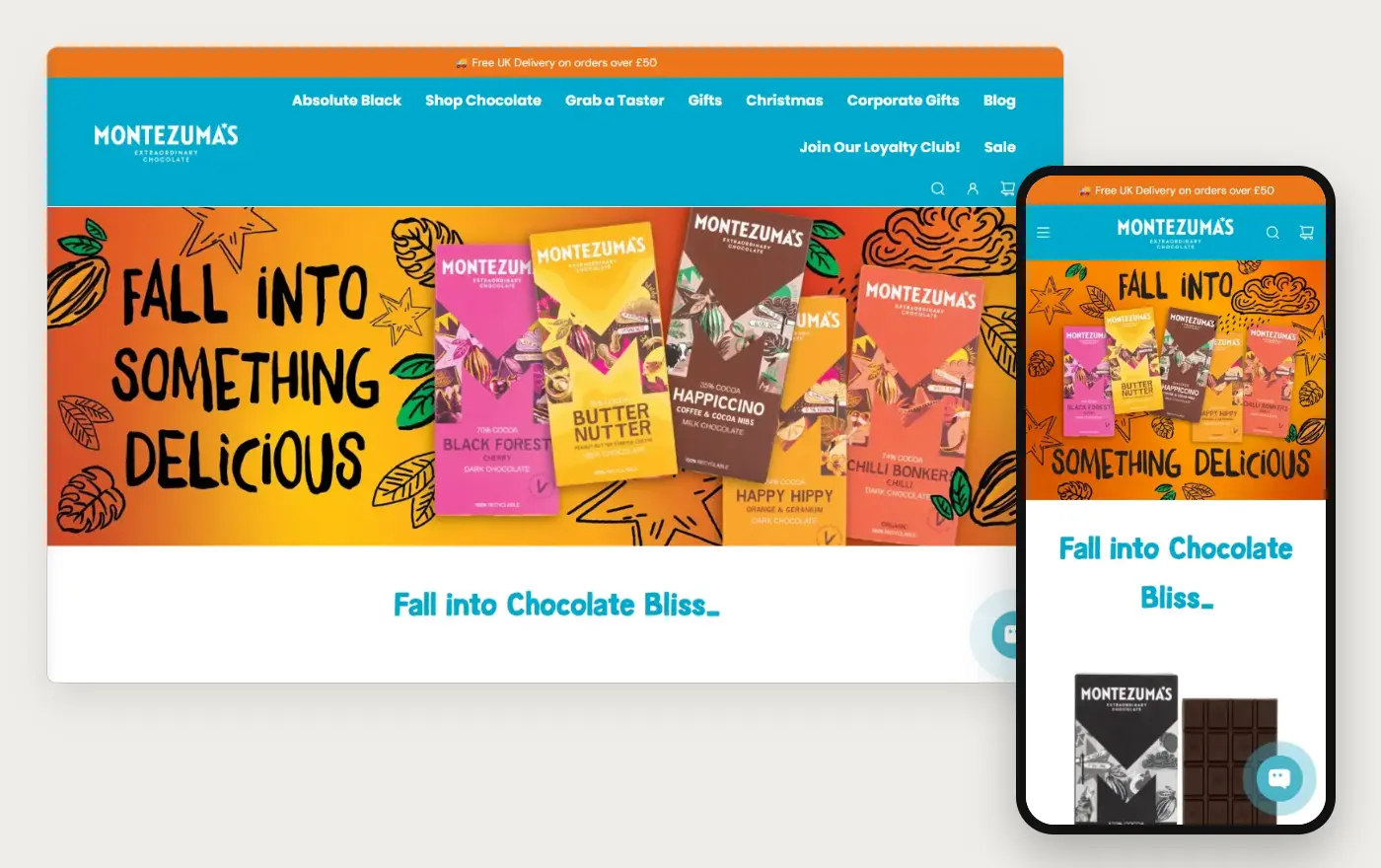 Montezuma's Shopify store homepage on desktop and mobile, captured on 11 October 2026