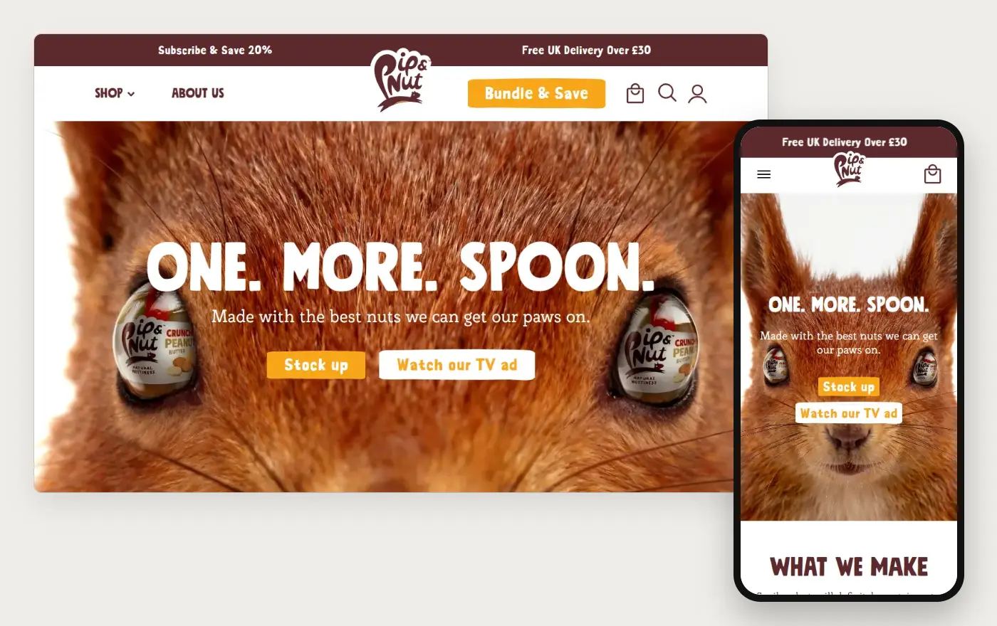 Pip and Nut's Shopify store homepage on desktop and mobile, captured on 11 October 2026
