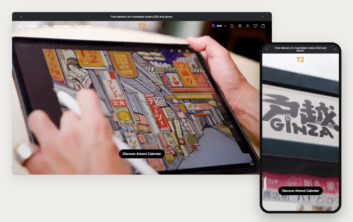 T2's Shopify store homepage on desktop and mobile, captured on 11 October 2026