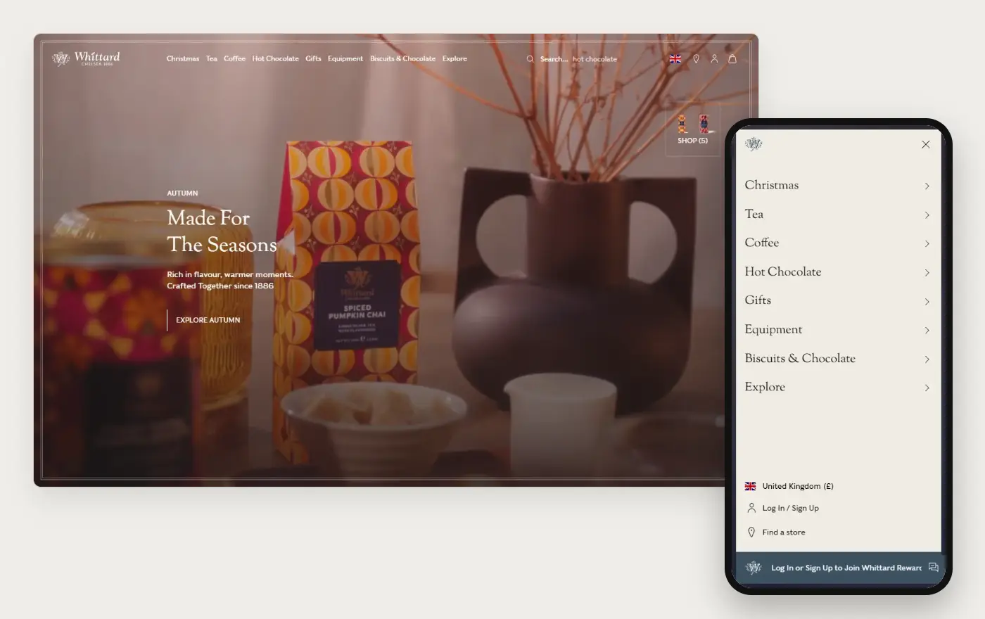 Whittard of Chelsea's Shopify store homepage on desktop and mobile, captured on 11 October 2026