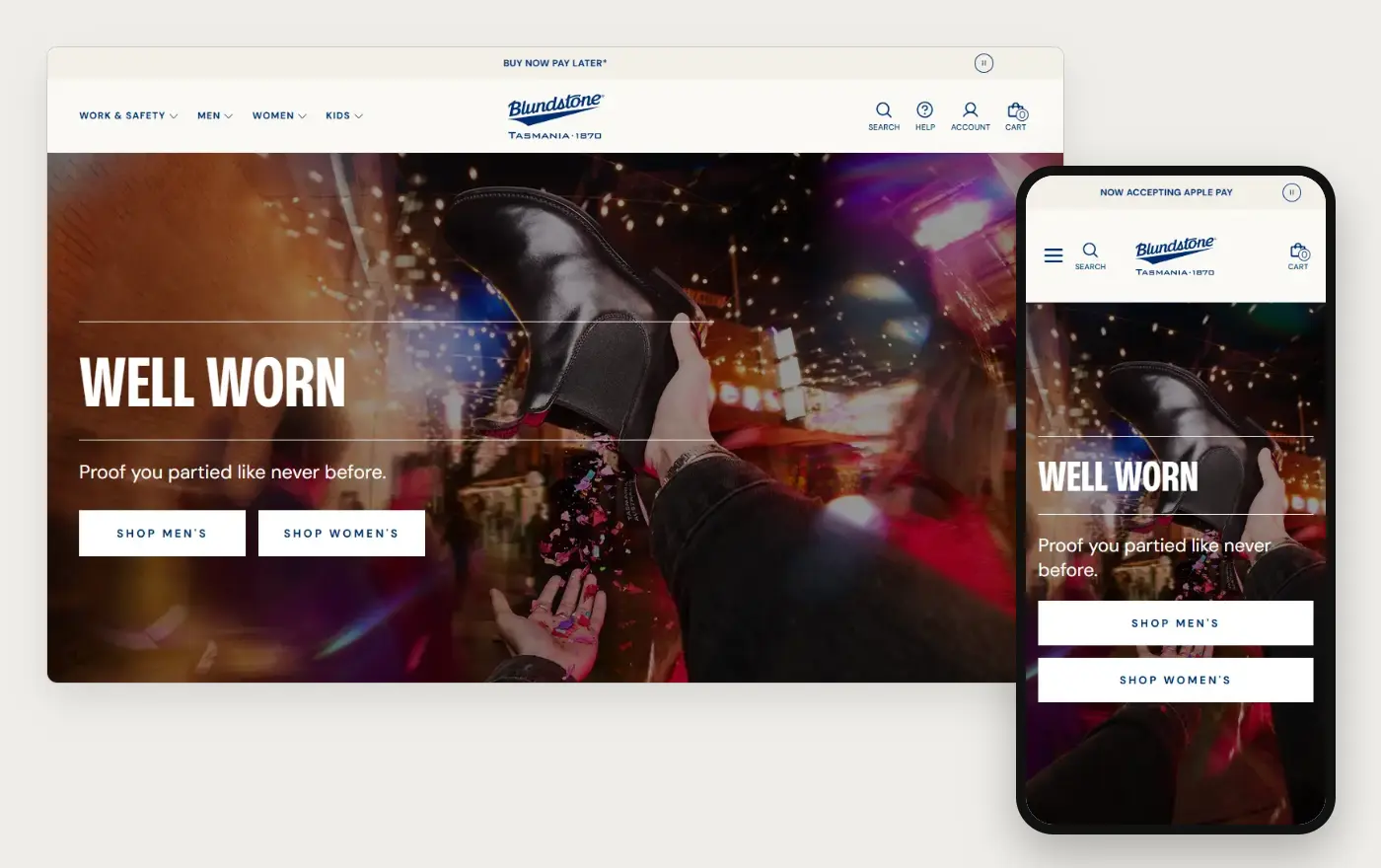 Blundstone homepage on a computer and a phone, 19 October 2026