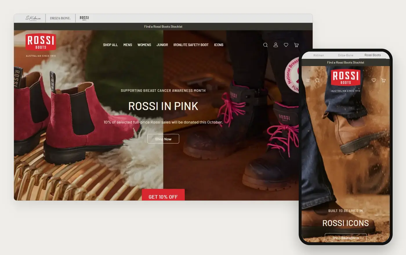 Rossi Boots homepage on a computer and a phone, 19 October 2026