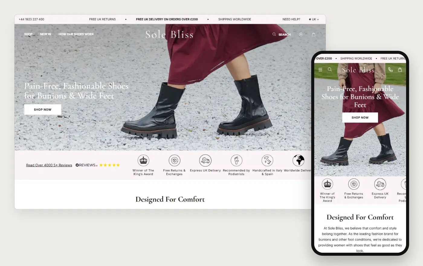 Sole Bliss homepage on a computer and a phone, 19 October 2026