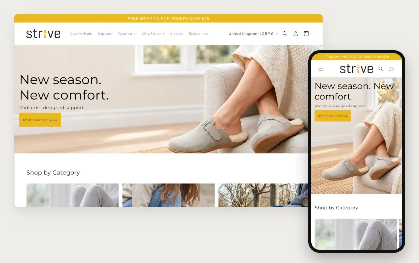 Strive Footwear homepage on a computer and a phone, 19 October 2026