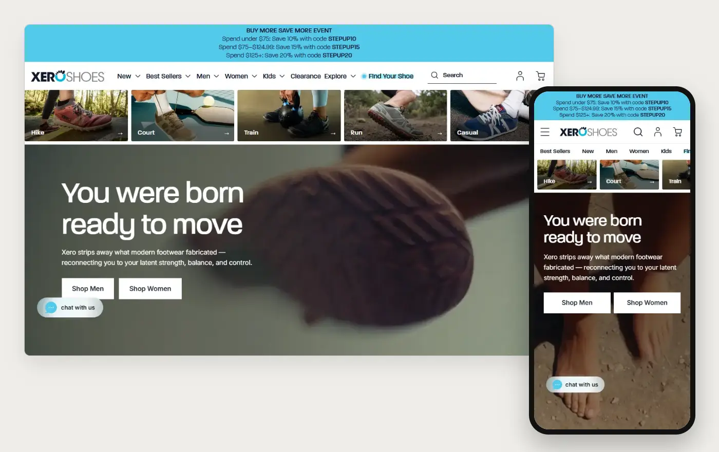 Xero Shoes homepage on a computer and a phone, 19 October 2026