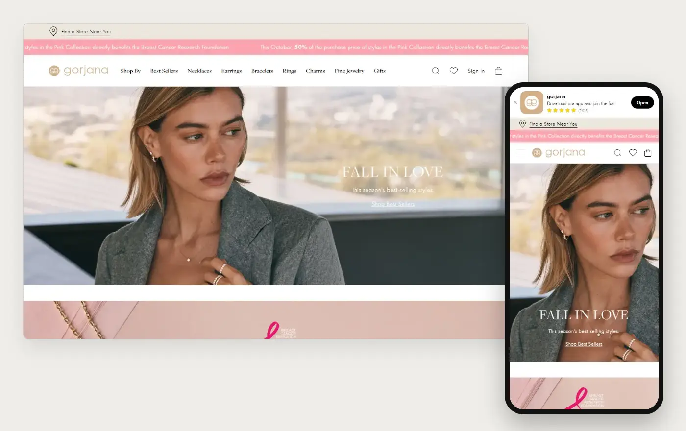 Gorjana's Shopify store homepage on desktop and mobile, captured on 10 October 2026