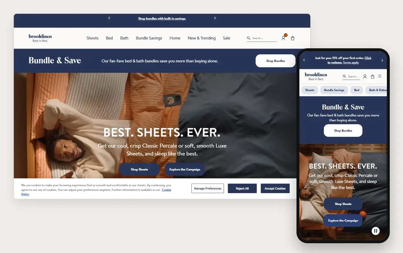 Brooklinen's Shopify store homepage on desktop and mobile, captured on 11 October 2026