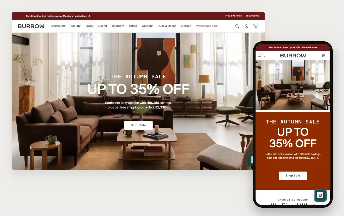 Burrow's Shopify store homepage on desktop and mobile, captured on 11 October 2026