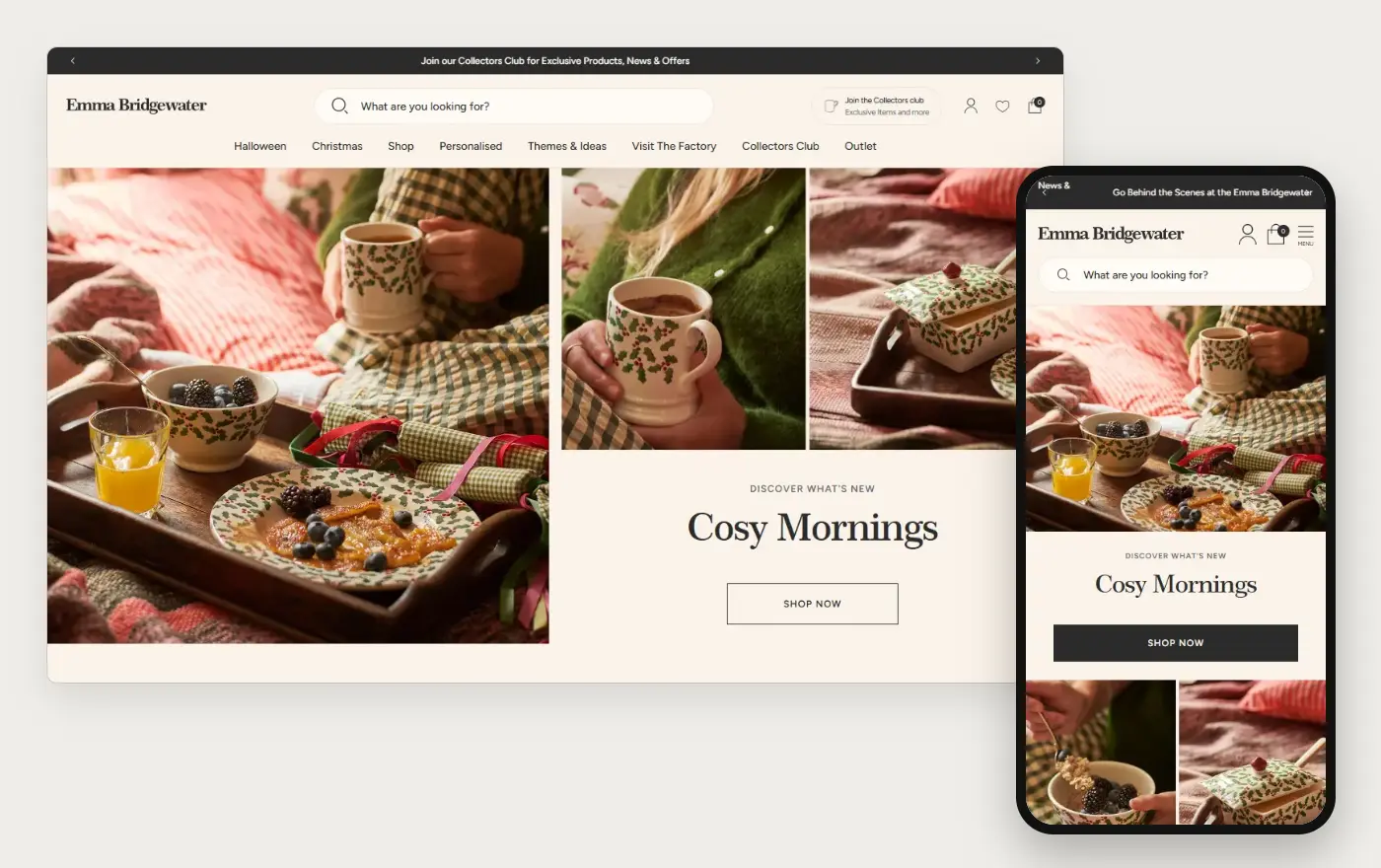 Emma Bridgewater's Shopify store homepage on desktop and mobile, captured on 11 October 2026