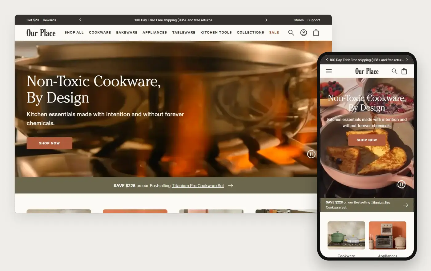 Our Place's Shopify store homepage on desktop and mobile, captured on 11 October 2026
