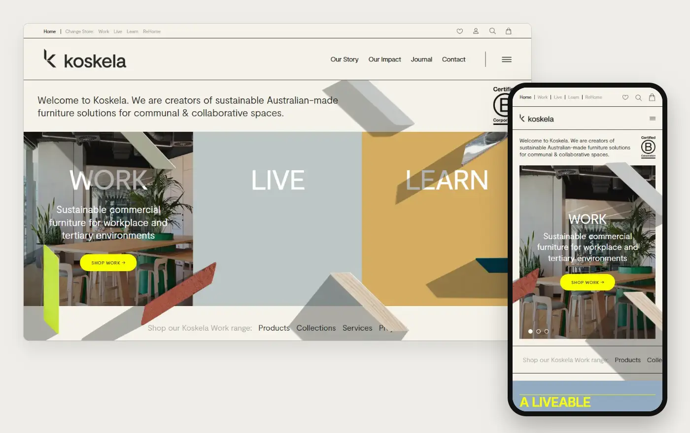 Koskela's Shopify store homepage on desktop and mobile, captured on 11 October 2026