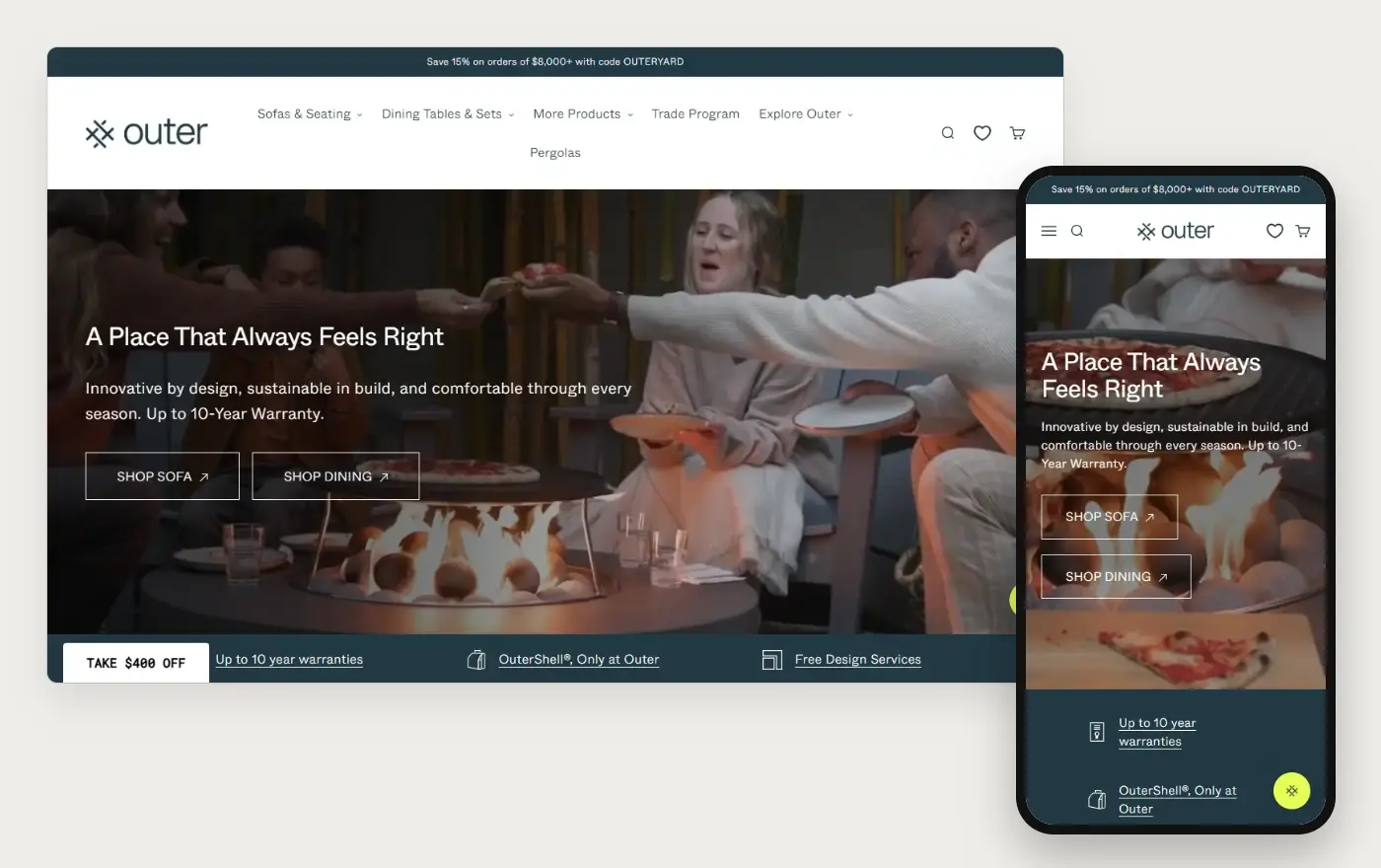 Outer's Shopify store homepage on desktop and mobile, captured on 11 October 2026