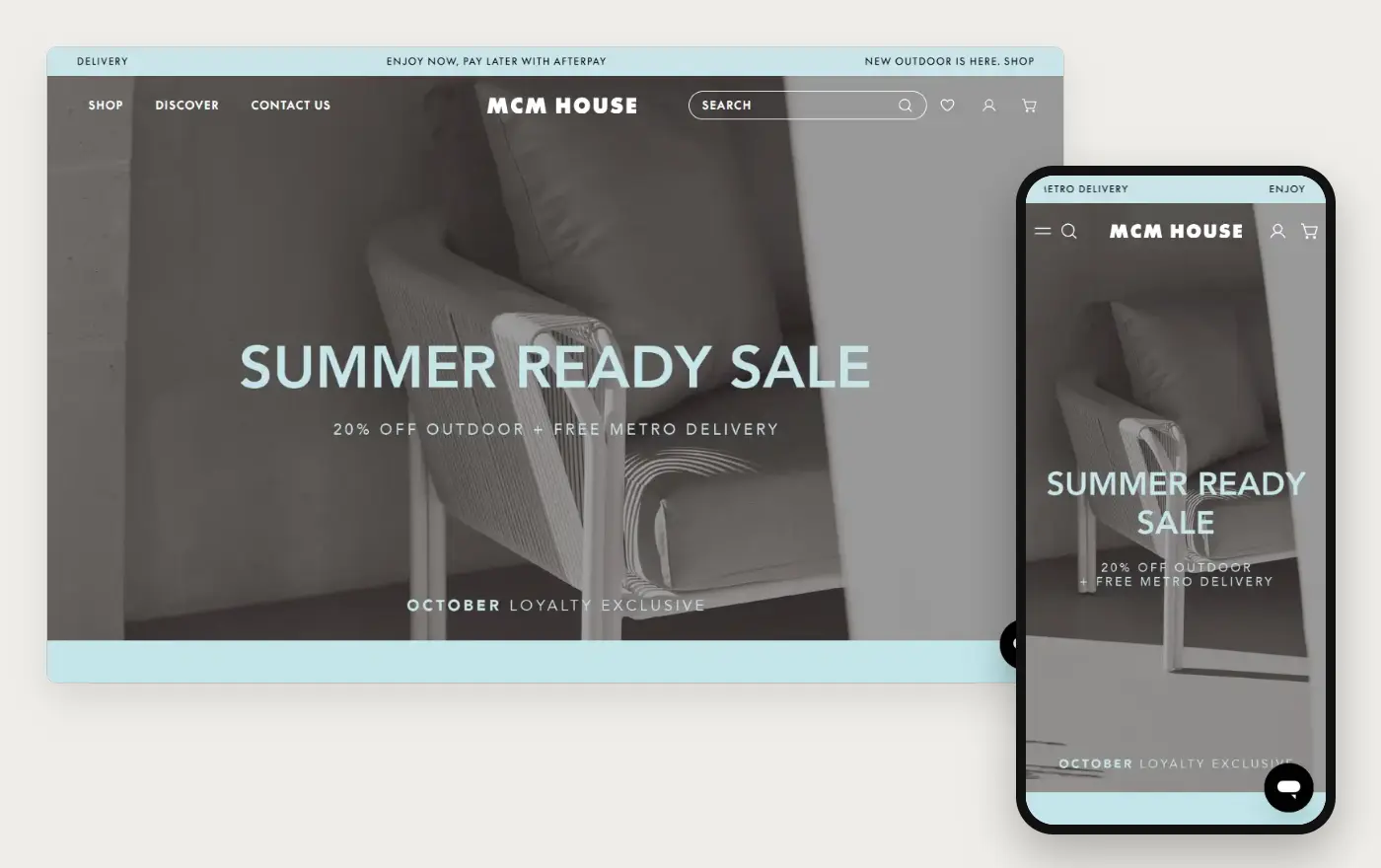 MCM House's Shopify store homepage on desktop and mobile, captured on 11 October 2026