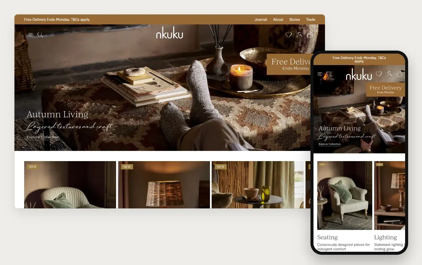 Nkuku's Shopify store homepage on desktop and mobile, captured on 11 October 2026