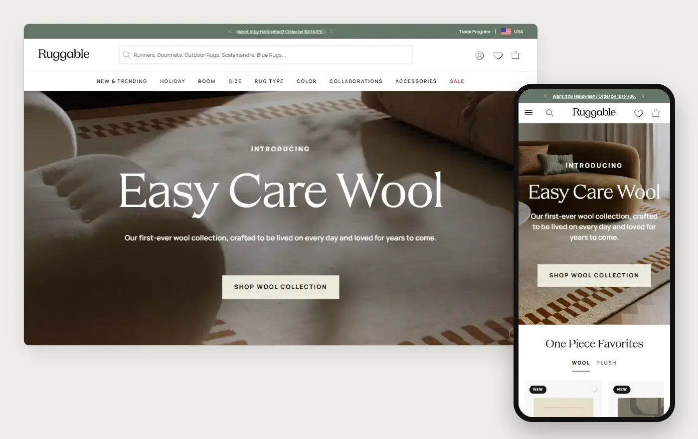 Ruggable's Shopify store homepage on desktop and mobile, captured on 11 October 2026