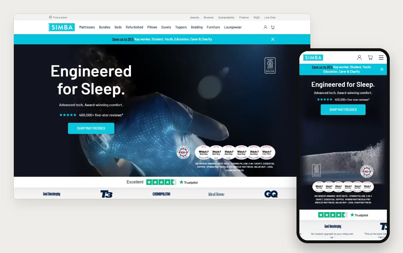 Simba's Shopify store homepage on desktop and mobile, captured on 11 October 2026