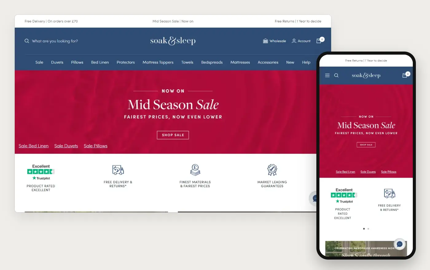 Soak and Sleep's Shopify store homepage on desktop and mobile, captured on 11 October 2026