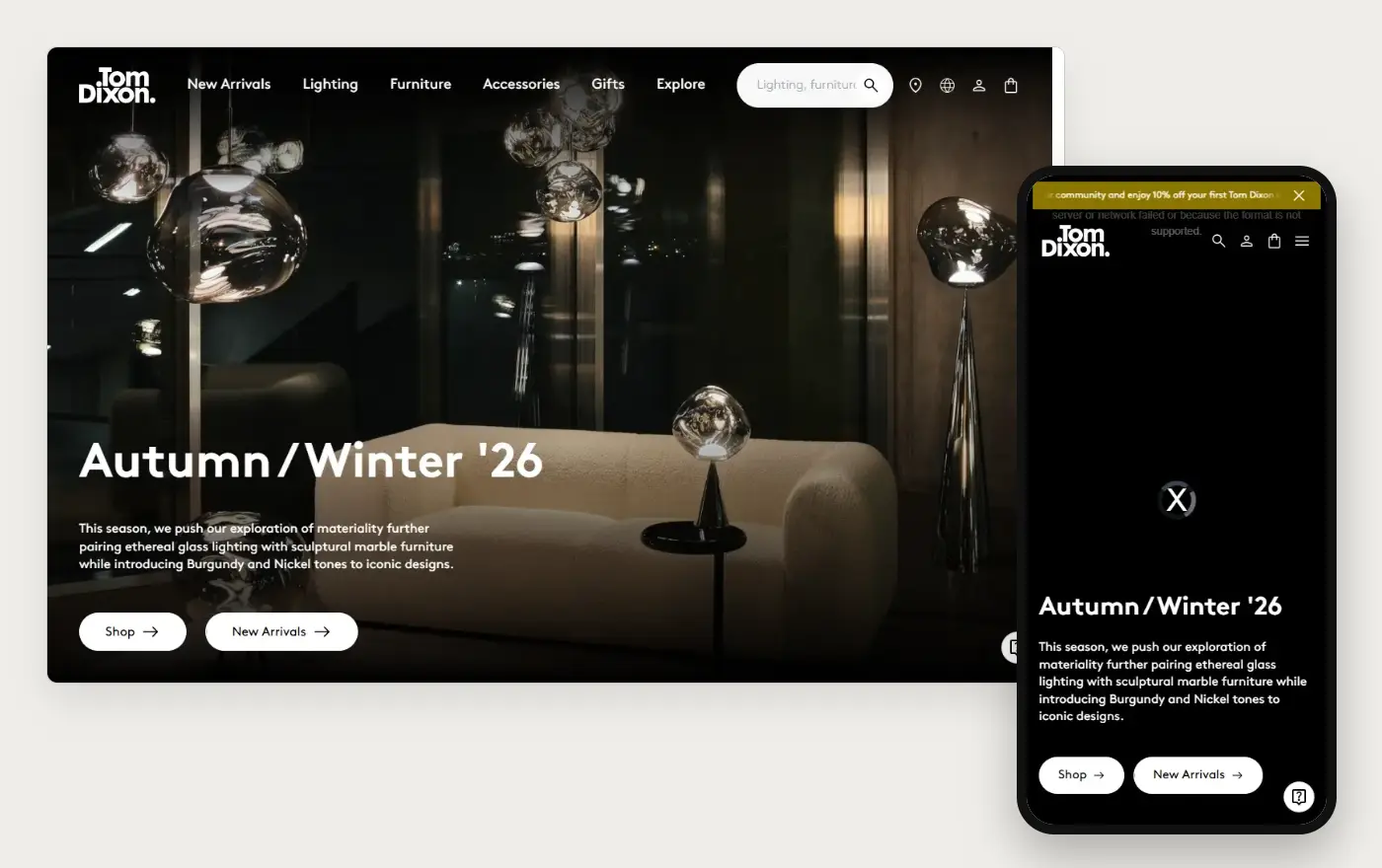 Tom Dixon's Shopify store homepage on desktop and mobile, captured on 11 October 2026
