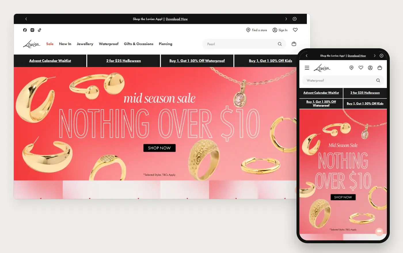 Lovisa's Australian Shopify store homepage on desktop and mobile, captured on 10 October 2026