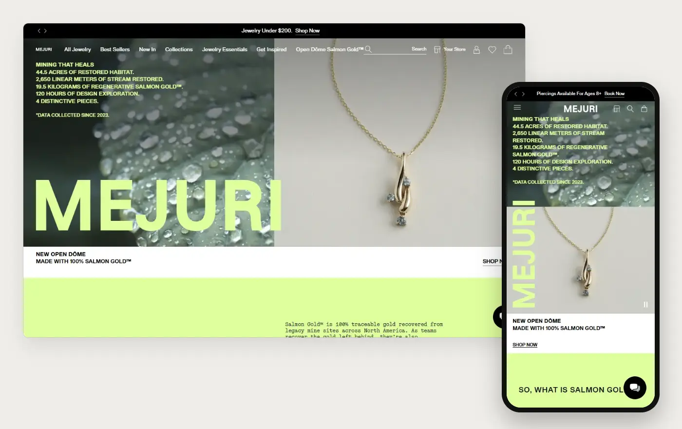 Mejuri's Shopify store homepage on desktop and mobile, captured on 10 October 2026