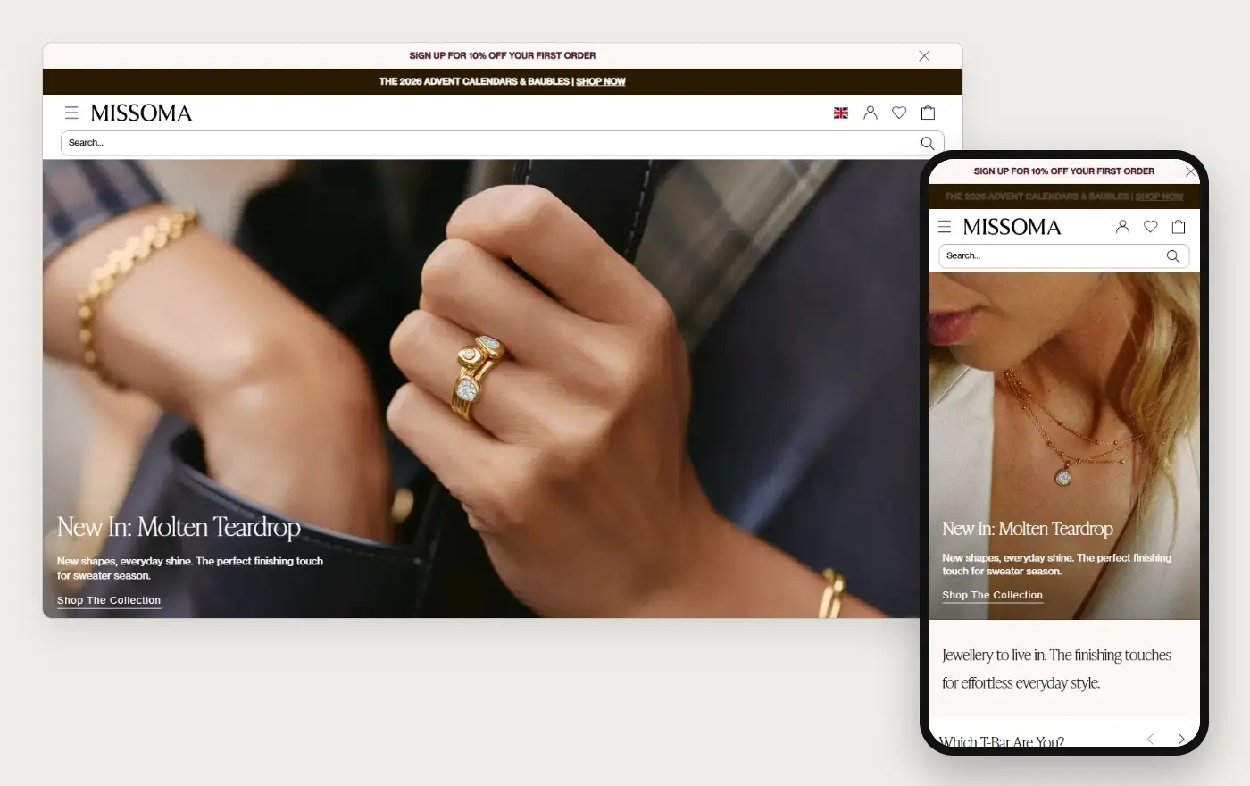 Missoma's Shopify store homepage on desktop and mobile, captured on 10 October 2026