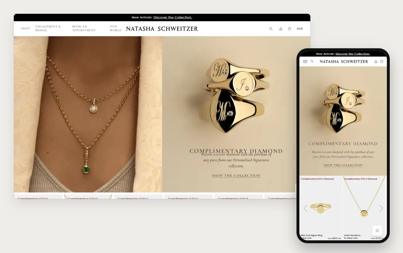 Natasha Schweitzer's Shopify store homepage on desktop and mobile, captured on 10 October 2026