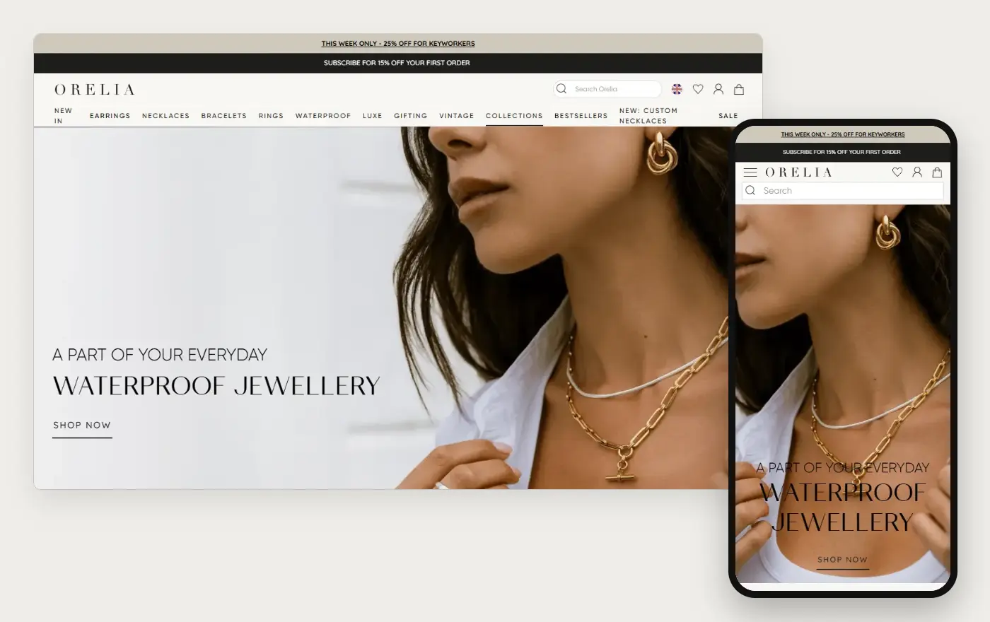 Orelia's Shopify store homepage on desktop and mobile, captured on 10 October 2026
