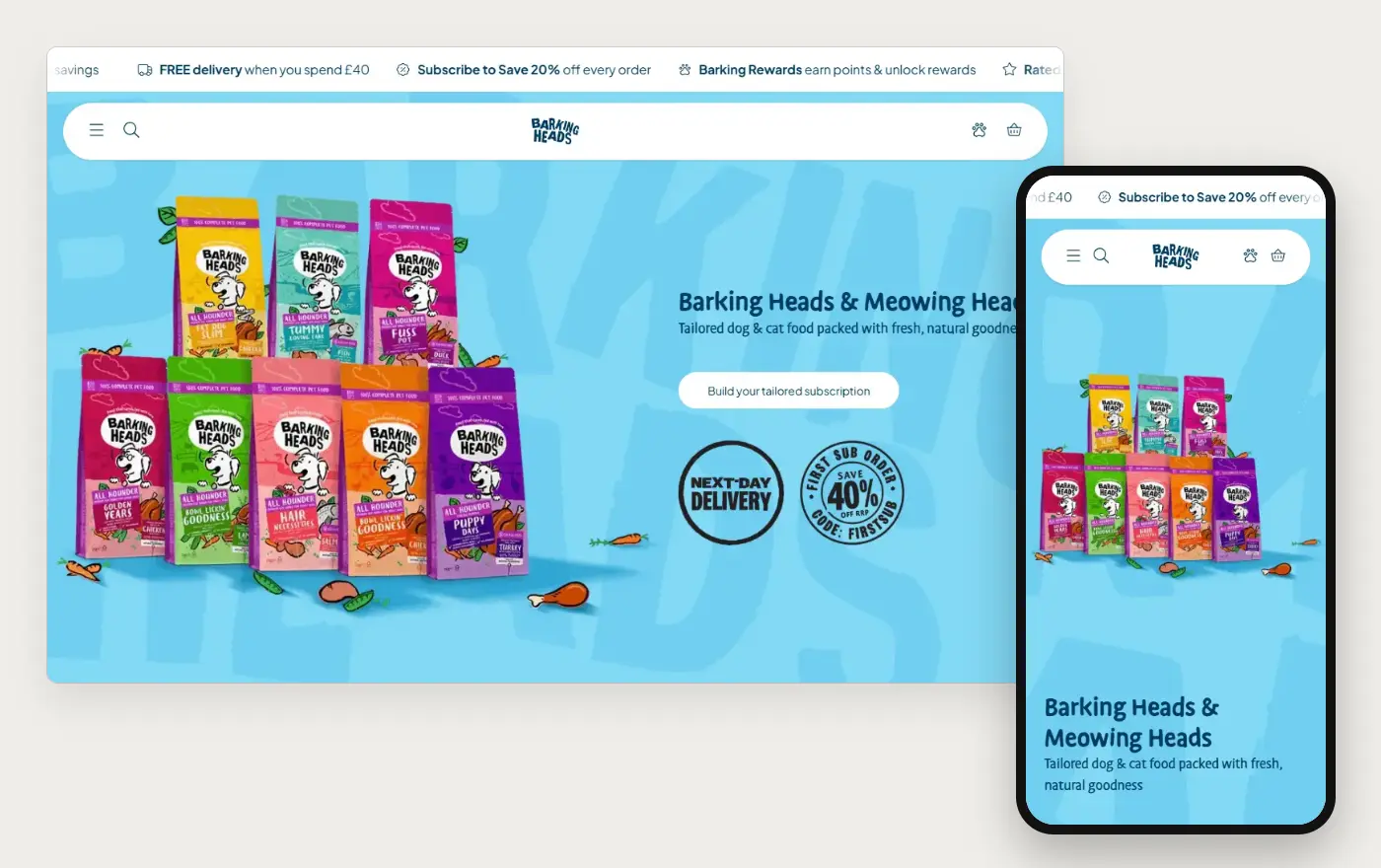 Barking Heads' Shopify store homepage on desktop and mobile, captured on 10 October 2026